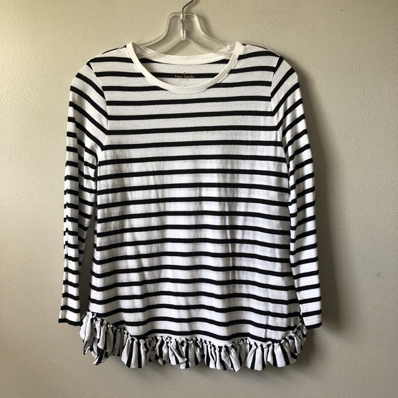 kate spade Tops - Kate Spade Long Sleeve Tee Womens S Black White Stripe Ruffle Hem Cotton